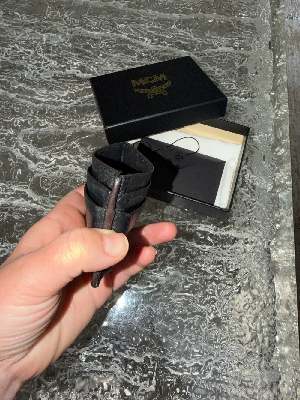MCM Black Embossed Leather Card & Key Holder